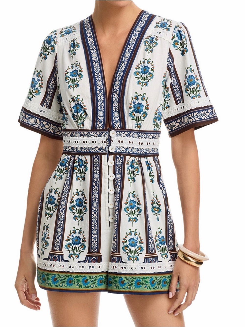 FARM Rio White Floral Romper with Blue and Navy Trim